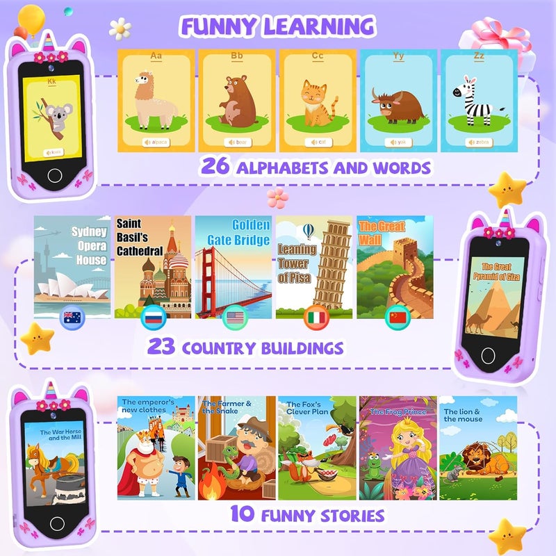 Yosfeng Kids Smart Phone for Girls Gifts - Toddler Christmas Birthday Gift for Age 3 4 5 6 Year Old, Kids Cell Phone Toy with Touchscreen, Dual Cameras, Learning, Kid Mp3 Player, Games with 32 GB Card - Image 5
